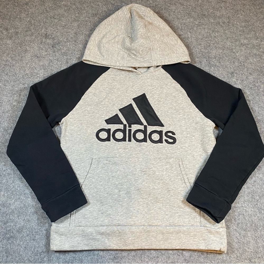Adidas Embroidered Heathered Gray/Black Hoodie Sweatshirt Boys Size M (10-12) - Picture 2 of 11